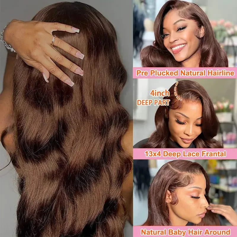34 Inch  Body Wave Chocolate Brown Lace Front Wigs Human Hair Pre Plucked Brazilian Brown Virgin Hair Glueless HD Frontal Wig