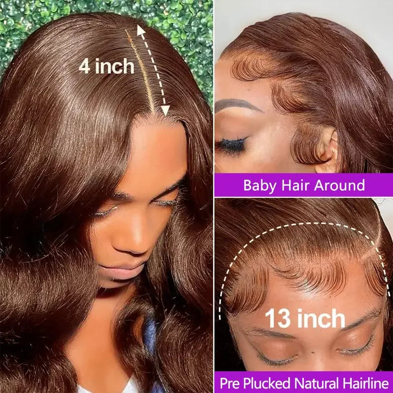 34 Inch  Body Wave Chocolate Brown Lace Front Wigs Human Hair Pre Plucked Brazilian Brown Virgin Hair Glueless HD Frontal Wig