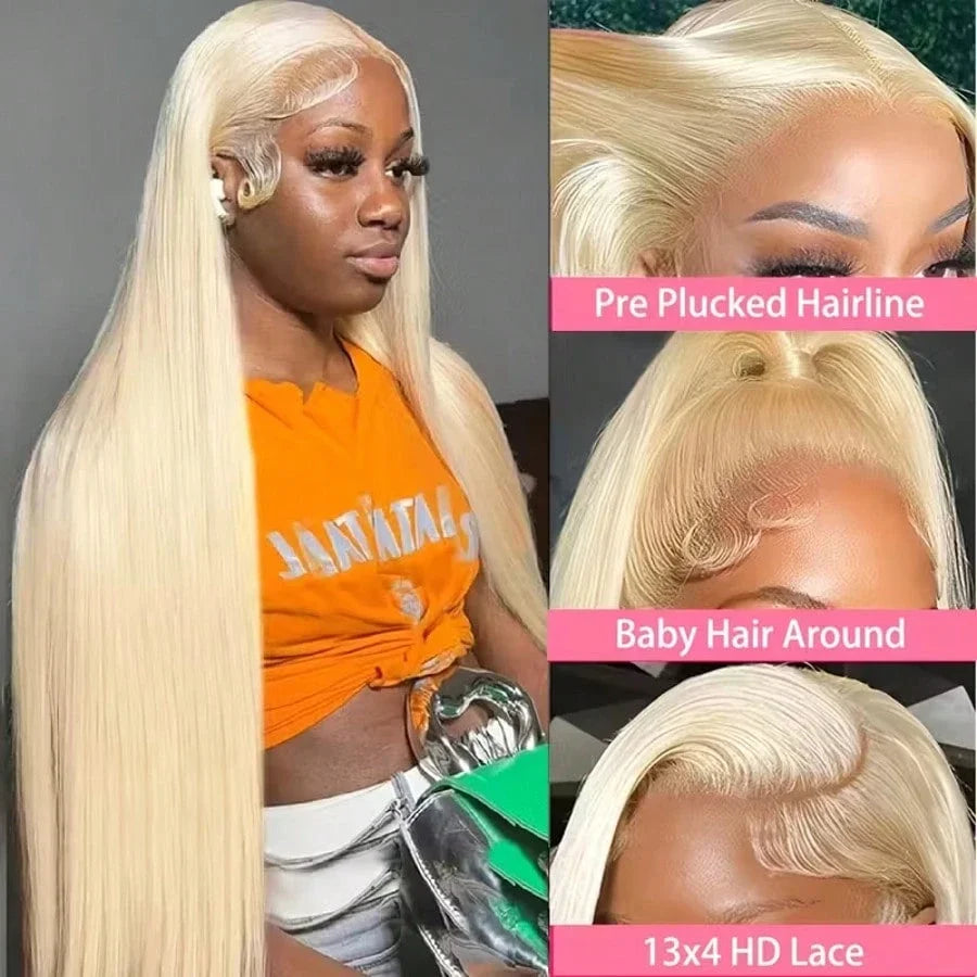 32 Inch 613 13x4 Lace Front Wig Human Hair,Blonde Straight Lace Front Wigs Human Hair Pre Plucked 200 Density