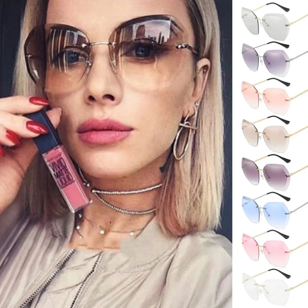 2021 Vintage Sunglasses for Woman Man Brand Rimless Rectangle Sun Glasses Female Retro Metal Frame Clear Lens Pink Shades