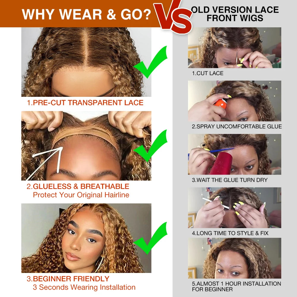 Deep Wave Honey Blonde Glueless Wigs 100% Human Hair Pre Cut Highlight Wear and Go Curly Wigs for Women Ombre HD Lace Front Wig