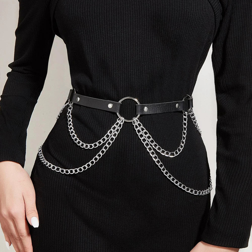 Women Sexy Body Chain PU Harness Waist Chain Accessories Adjustable Chain Belly Belt Gothic Body Chain Festival Girls Jewelry