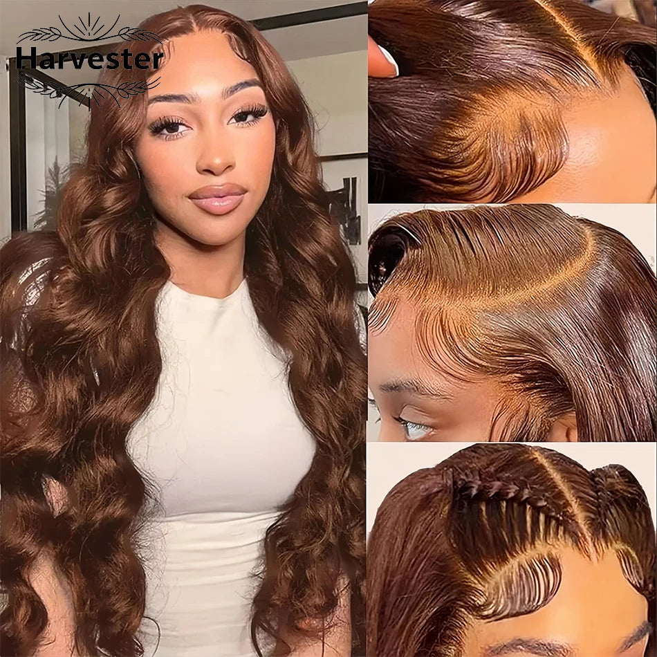 Chocolate Brown Body Wave Lace Front Wigs Human Hair Frontal Lace Wigs 200 Density 30 Inch 13x6 HD Transparent Lace Human Wigs
