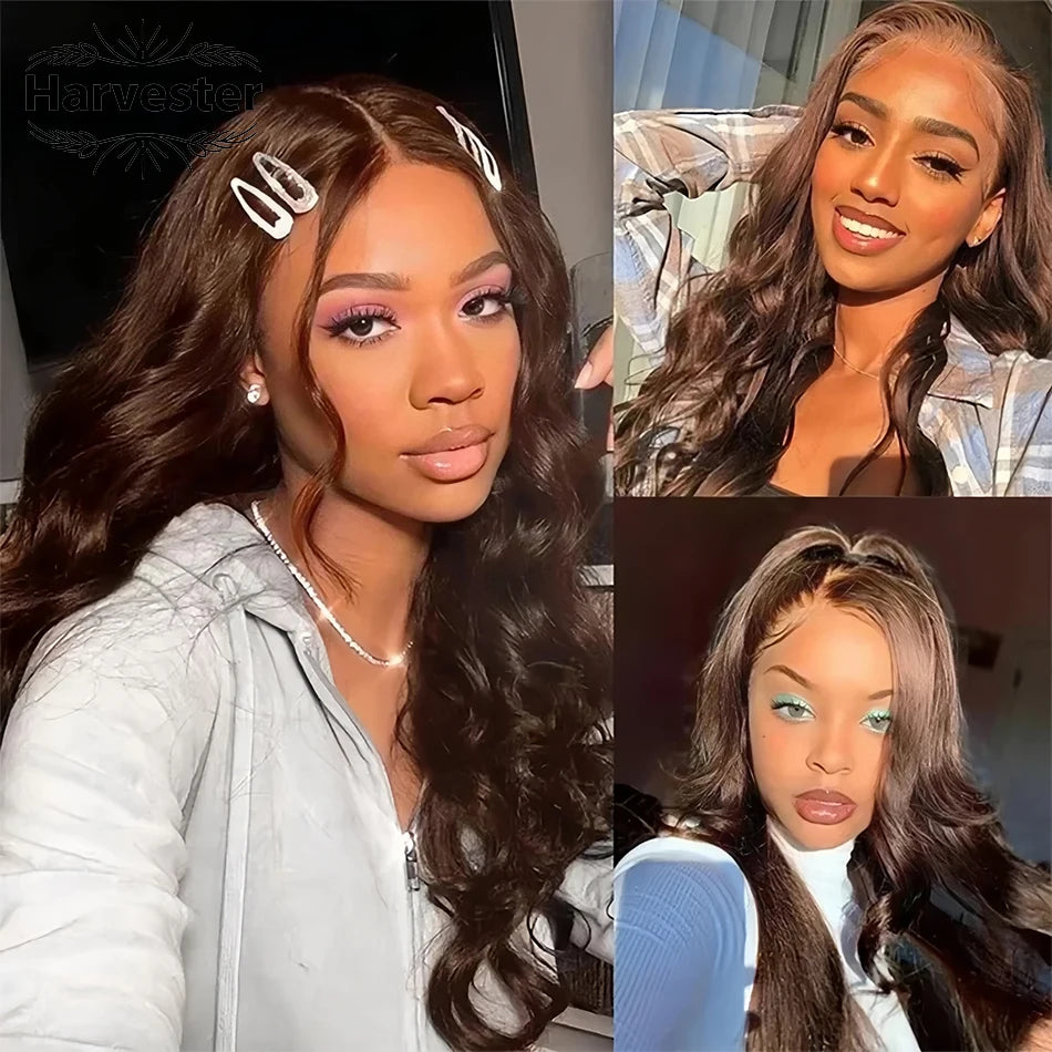 Chocolate Brown Body Wave Lace Front Wigs Human Hair Frontal Lace Wigs 200 Density 30 Inch 13x6 HD Transparent Lace Human Wigs