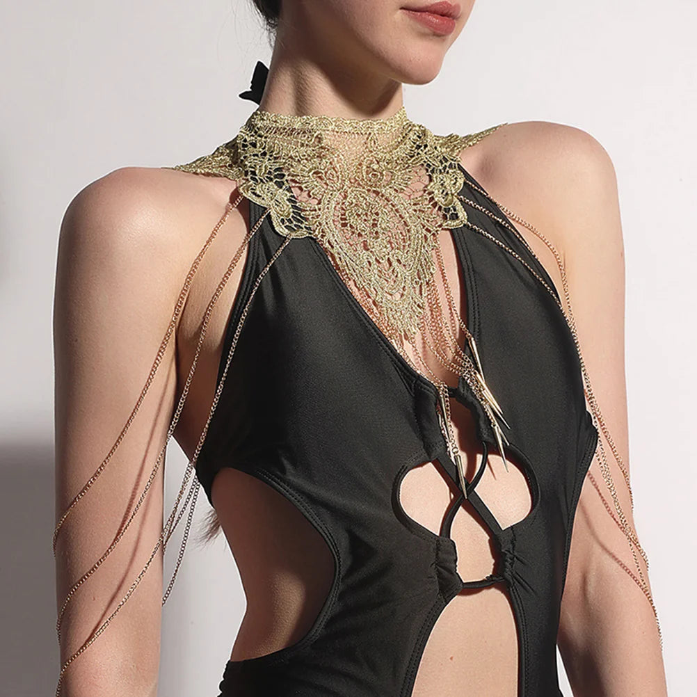 Multi Layer Lace Chain Body Jewelry Woman Boho Tassel Necklace Body Chain Accessories Elegant Decorative Piercing Jewelry