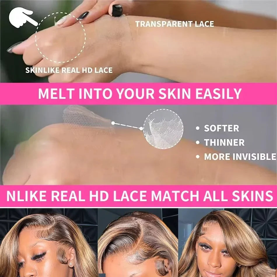 13x4 Ombre Lace Front Wig Human Hair Highlight Human Hair 220% Density 1B/30 Body Wave HD Transparent Lace Frontal Wigs