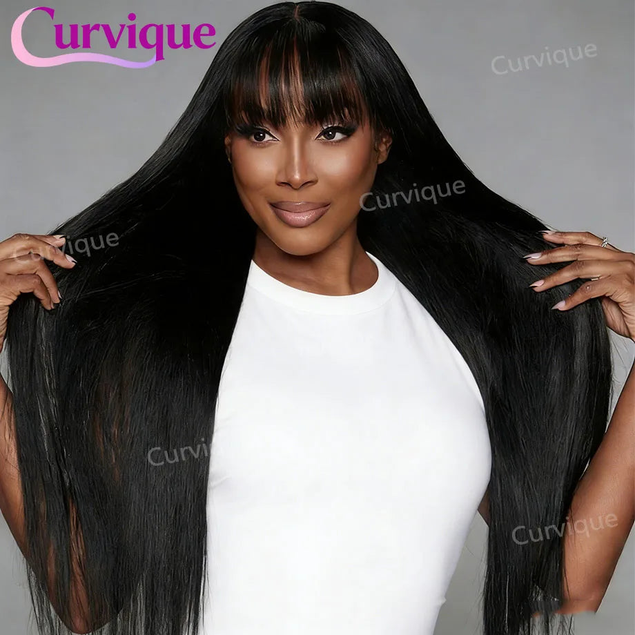Straight Human Hair With Bangs Brazilian Glueless Wigs Human Hair Ready To Wear 30 32 Inch 3x1 Hd Lace Glueless Wig For Woman