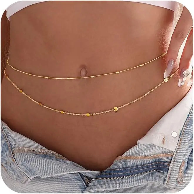Women Waterproof Body Chain 18K Gold Plated Waist Beads Chain Gold Belly Belt Body Chains  Adjustable Sexy Bikini Beach Jewelry
