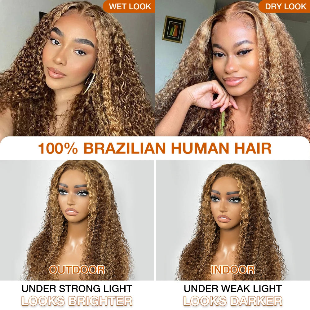 Deep Wave Honey Blonde Glueless Wigs 100% Human Hair Pre Cut Highlight Wear and Go Curly Wigs for Women Ombre HD Lace Front Wig