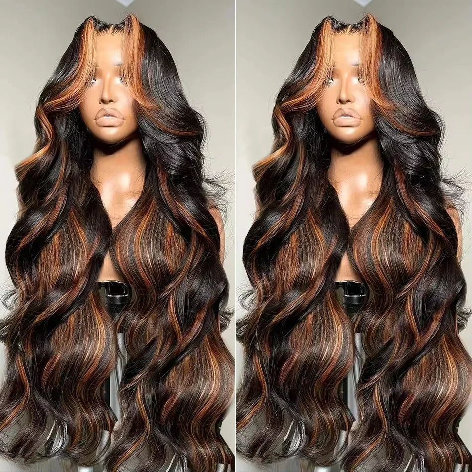 13x4 Ombre Lace Front Wig Human Hair Highlight Human Hair 220% Density 1B/30 Body Wave HD Transparent Lace Frontal Wigs