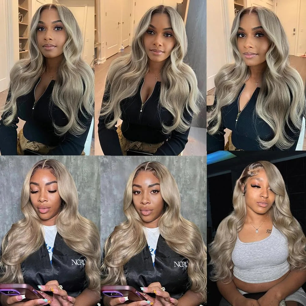 13x4 Ombre Blonde with Root Colored Lace Front Wigs for Women Human Hair Body Wave Ombre Ash Blonde Lace Frontal Wig 200 Density