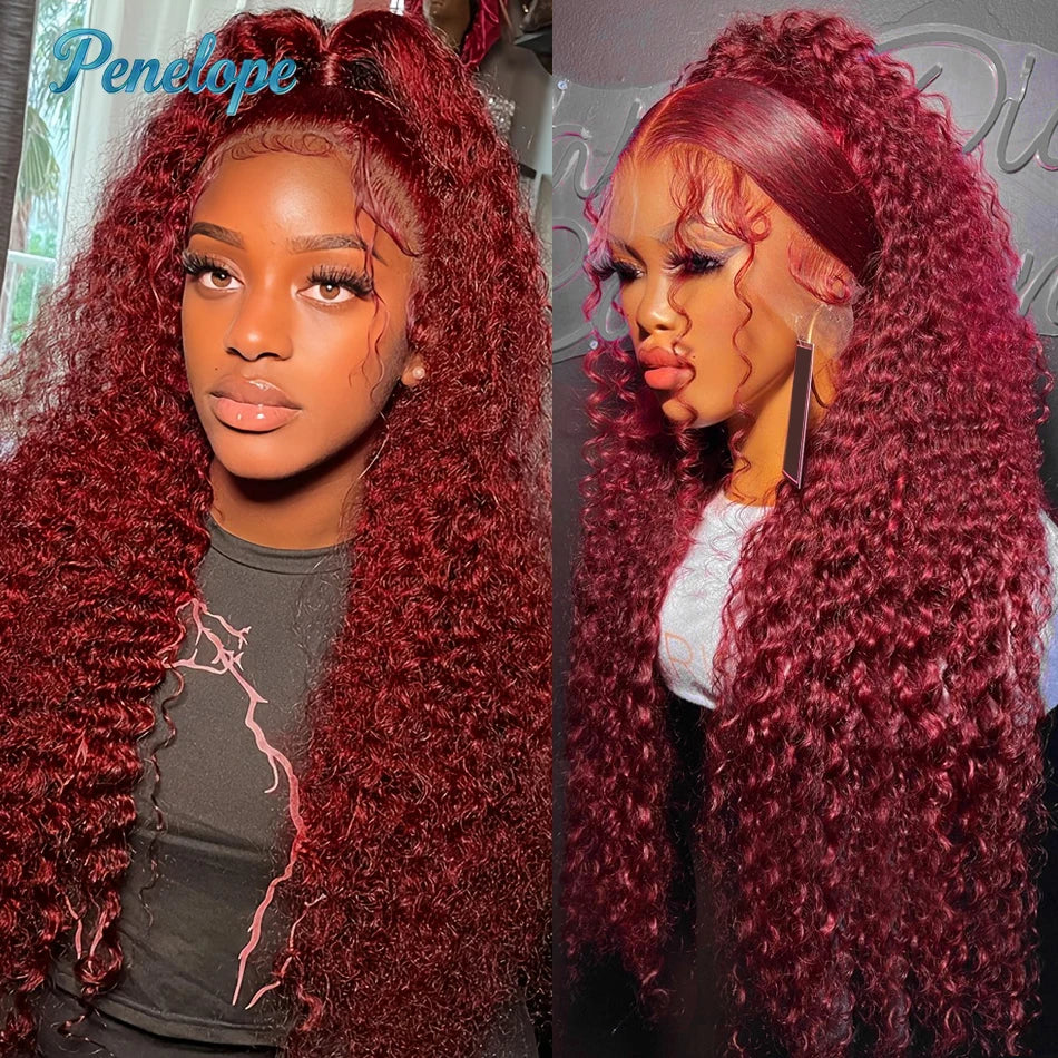 200% Density 99J 13x4 HD Lace Front Human Hair Wigs Burgundy 30 40 Inch Deep Wave Curly Glueless Lace Frontal Closure Wigs