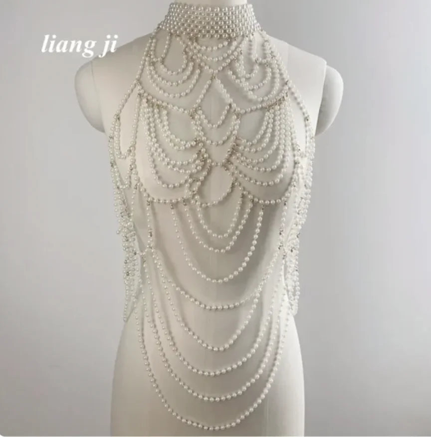 Women Body Chain Sexy Pearl Body Bra Chain Lingerie Festival Outfit Women Waist Chain Rave Festival Accessories Summer Bikin