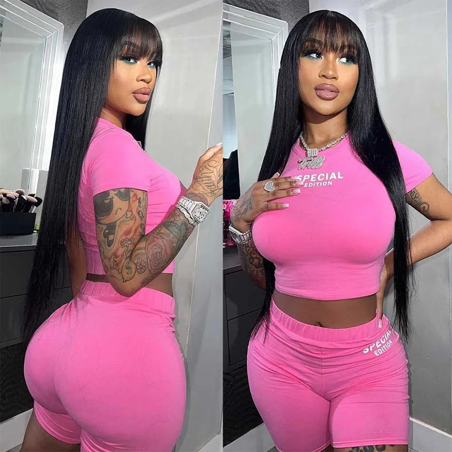 Straight Human Hair With Bangs Brazilian Glueless Wigs Human Hair Ready To Wear 30 32 Inch 3x1 Hd Lace Glueless Wig For Woman