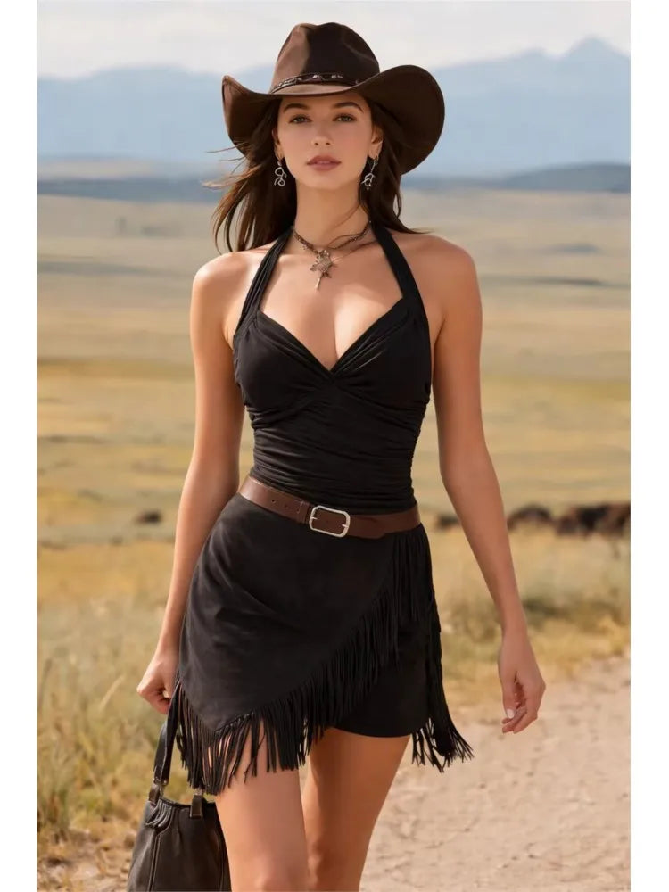 Dresses For Ladies 2026 Dress Retro Vestido Woman Western Cowboy Hot Girl Style Simple Style Slim Neck Halter Tassel Solid Color