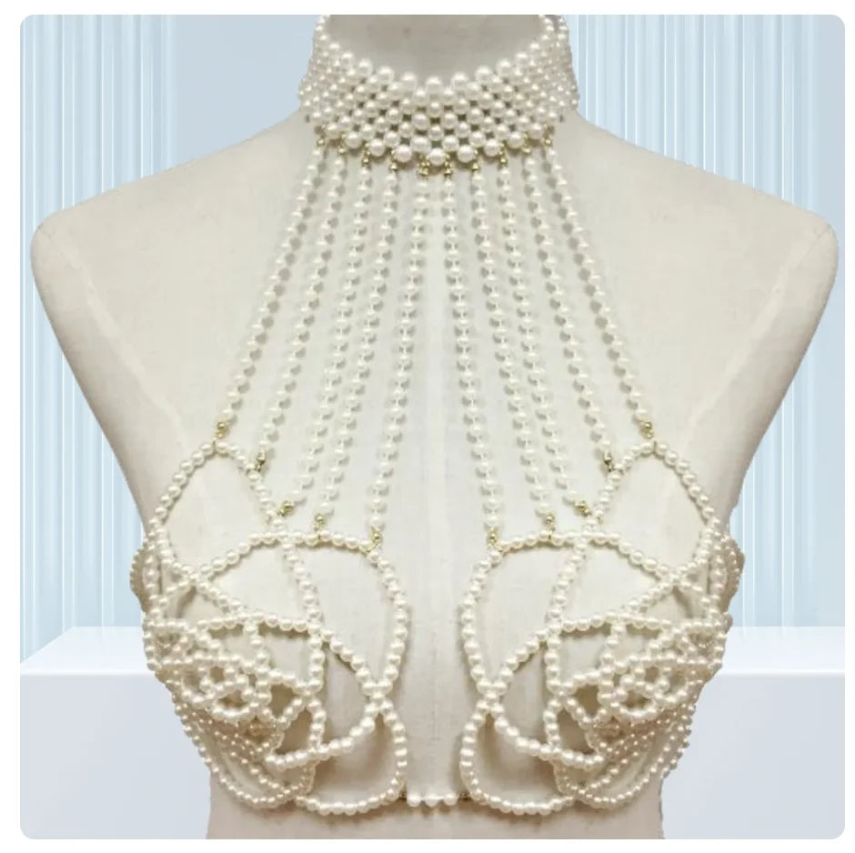 Women Body Chain Sexy Pearl Body Bra Chain Lingerie Festival Outfit Women Waist Chain Rave Festival Accessories Summer Bikin