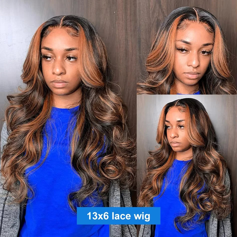 13x4 Ombre Lace Front Wig Human Hair Highlight Human Hair 220% Density 1B/30 Body Wave HD Transparent Lace Frontal Wigs