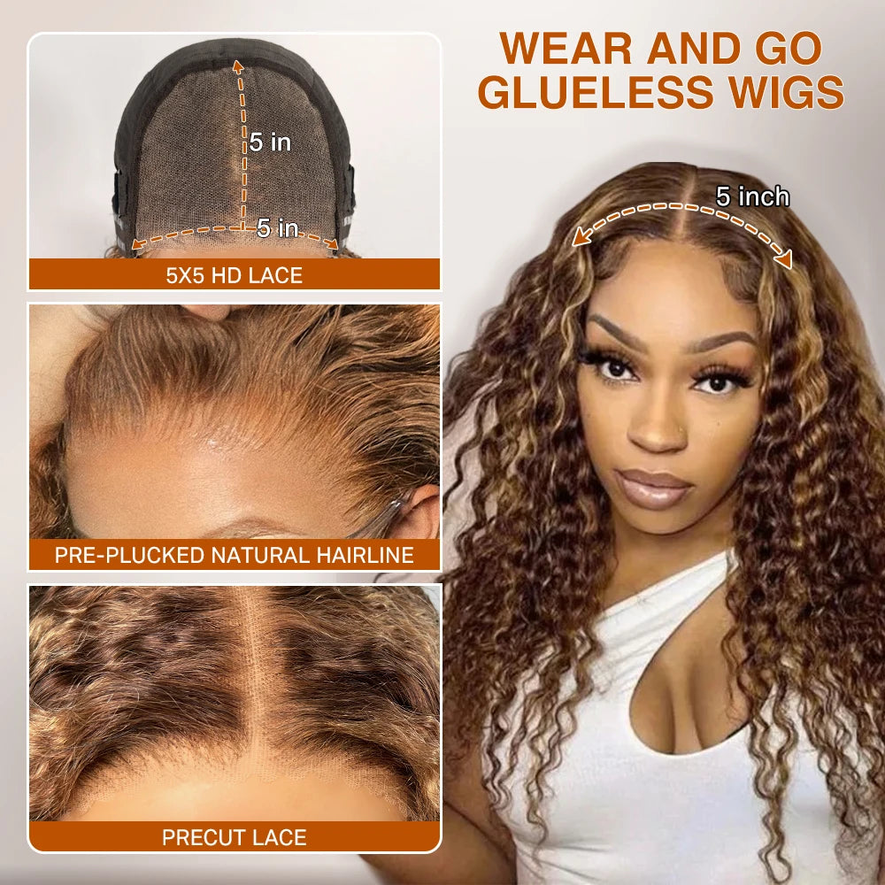 Deep Wave Honey Blonde Glueless Wigs 100% Human Hair Pre Cut Highlight Wear and Go Curly Wigs for Women Ombre HD Lace Front Wig