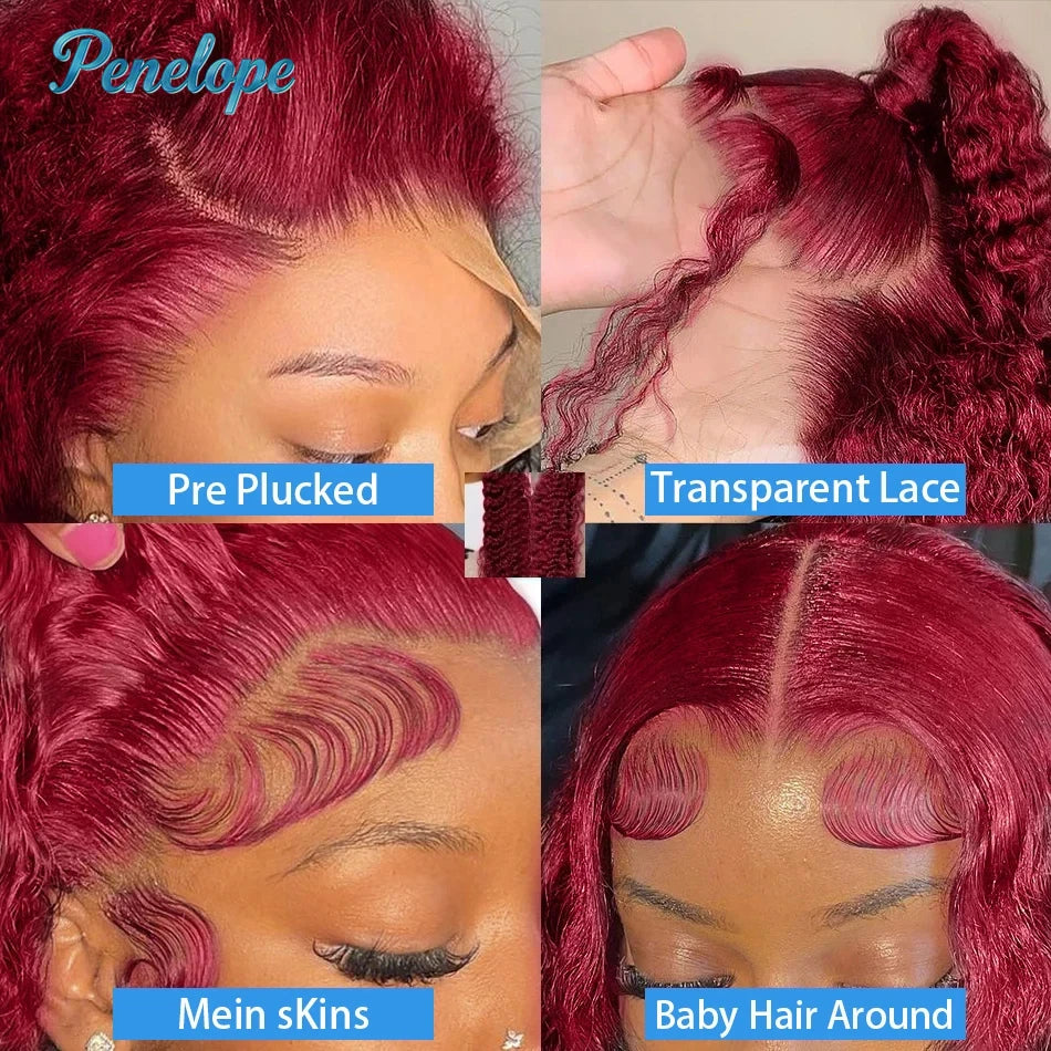 200% Density 99J 13x4 HD Lace Front Human Hair Wigs Burgundy 30 40 Inch Deep Wave Curly Glueless Lace Frontal Closure Wigs