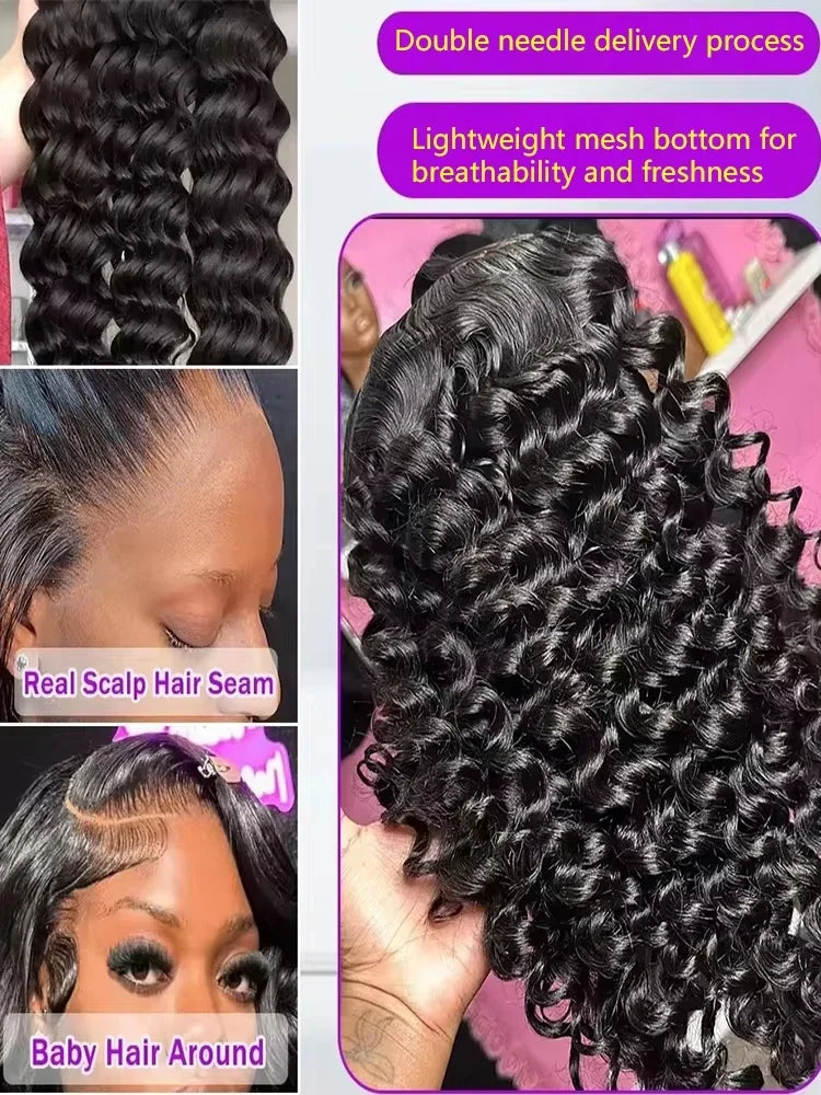 40 Inch Deep Wave Frontal Human Hair Wig 13x6 13x4 HD Transparent Lace Wigs For Women 220 Density Pre Plucked Curly Front Wigs