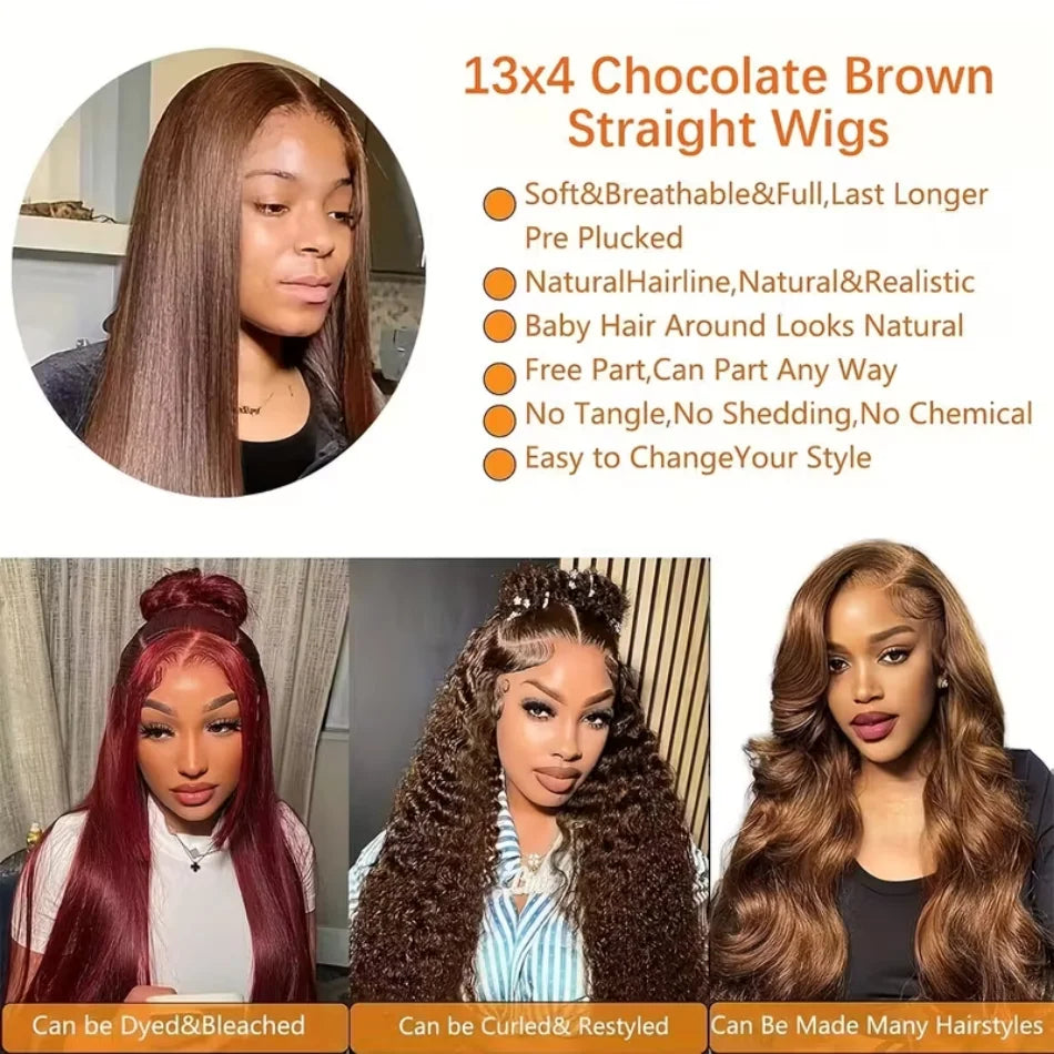 250 Density Straight Lace Front Wig Chocolate Brown Human Hair Wigs 13X6 Hd Lace Frontal Wig Pre plucked Colored Brazilian Hair