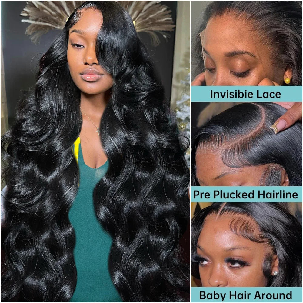 Body Wave 13x6 HD Transparent Lace Front Human Hair Wig 40 Inch Pre Plucked 220 Density 5x5 Glueless Lace Frontal Wigs for Women