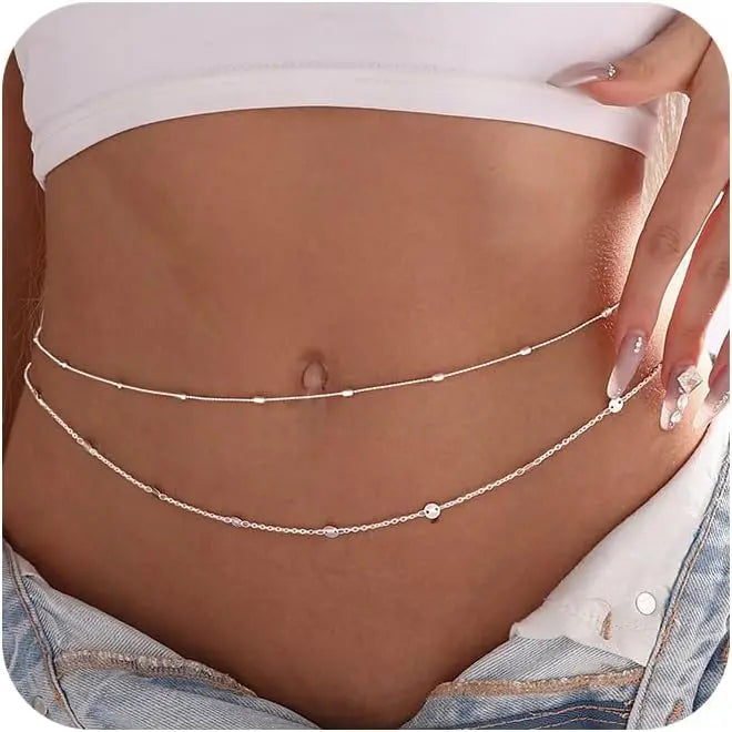 Women Waterproof Body Chain 18K Gold Plated Waist Beads Chain Gold Belly Belt Body Chains  Adjustable Sexy Bikini Beach Jewelry