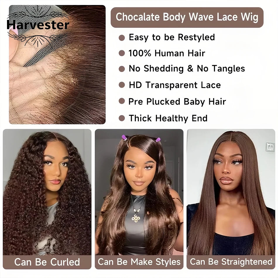 30 Inch Chocolate Brown Body Wave Lace Front Wig Transparent 13x6 HD Lace Frontal Wigs 13x4 Pre Plucked Colored Human Hair Wigs