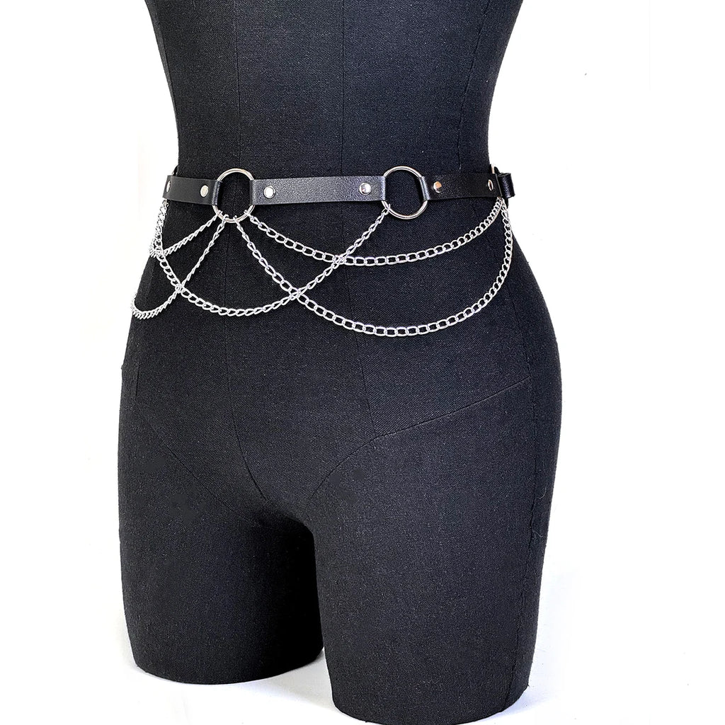 Women Sexy Body Chain PU Harness Waist Chain Accessories Adjustable Chain Belly Belt Gothic Body Chain Festival Girls Jewelry