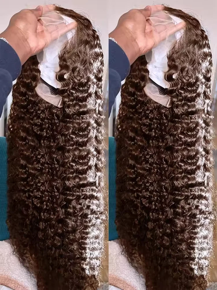 40 Inch Human Hair Wig Deep Wave 13x4Hd Lace Frontal Human Hair Water Wave 100% Lace Front Wig Chocolate Brown Curly Wigs Women
