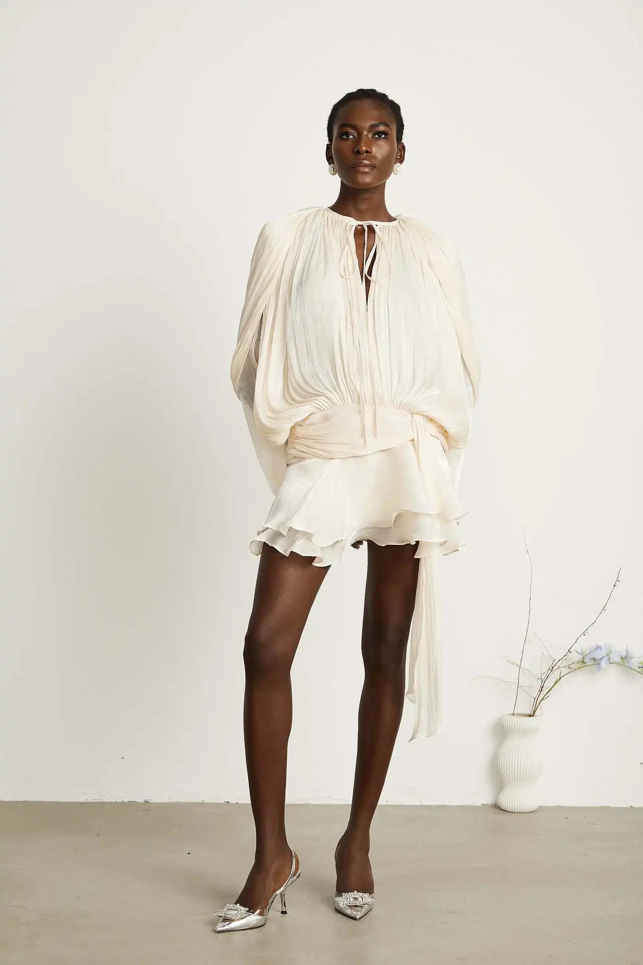 Dresses For Woman French Vestidos Elegant Puff Sleeve Dress Fashionable Loose Lace-up Solid Color Leace-up Simple Style Trendy