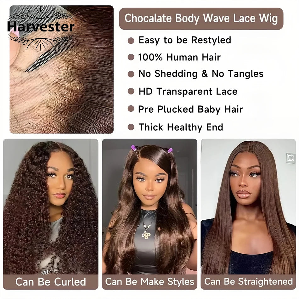 Chocolate Brown Body Wave Lace Front Wigs Human Hair Frontal Lace Wigs 200 Density 30 Inch 13x6 HD Transparent Lace Human Wigs