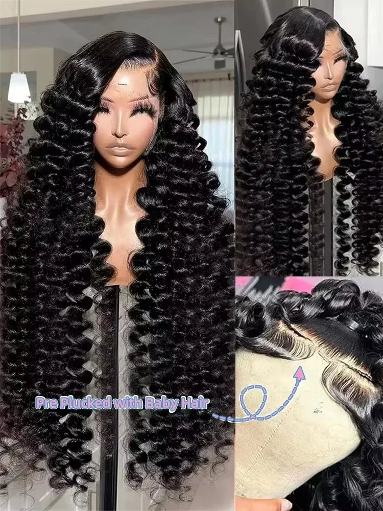 40 Inch Deep Wave Frontal Human Hair Wig 13x6 13x4 HD Transparent Lace Wigs For Women 220 Density Pre Plucked Curly Front Wigs