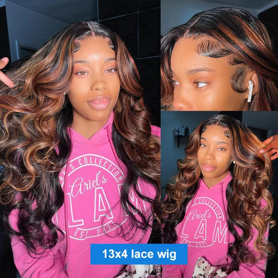 13x4 Ombre Lace Front Wig Human Hair Highlight Human Hair 220% Density 1B/30 Body Wave HD Transparent Lace Frontal Wigs