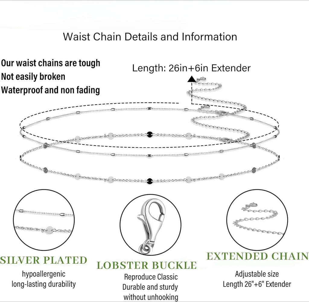 Women Waterproof Body Chain 18K Gold Plated Waist Beads Chain Gold Belly Belt Body Chains  Adjustable Sexy Bikini Beach Jewelry