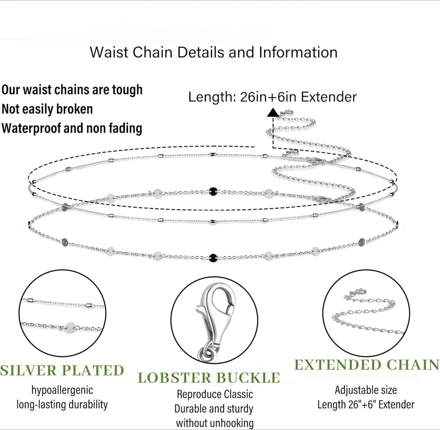 Women Waterproof Body Chain 18K Gold Plated Waist Beads Chain Gold Belly Belt Body Chains  Adjustable Sexy Bikini Beach Jewelry