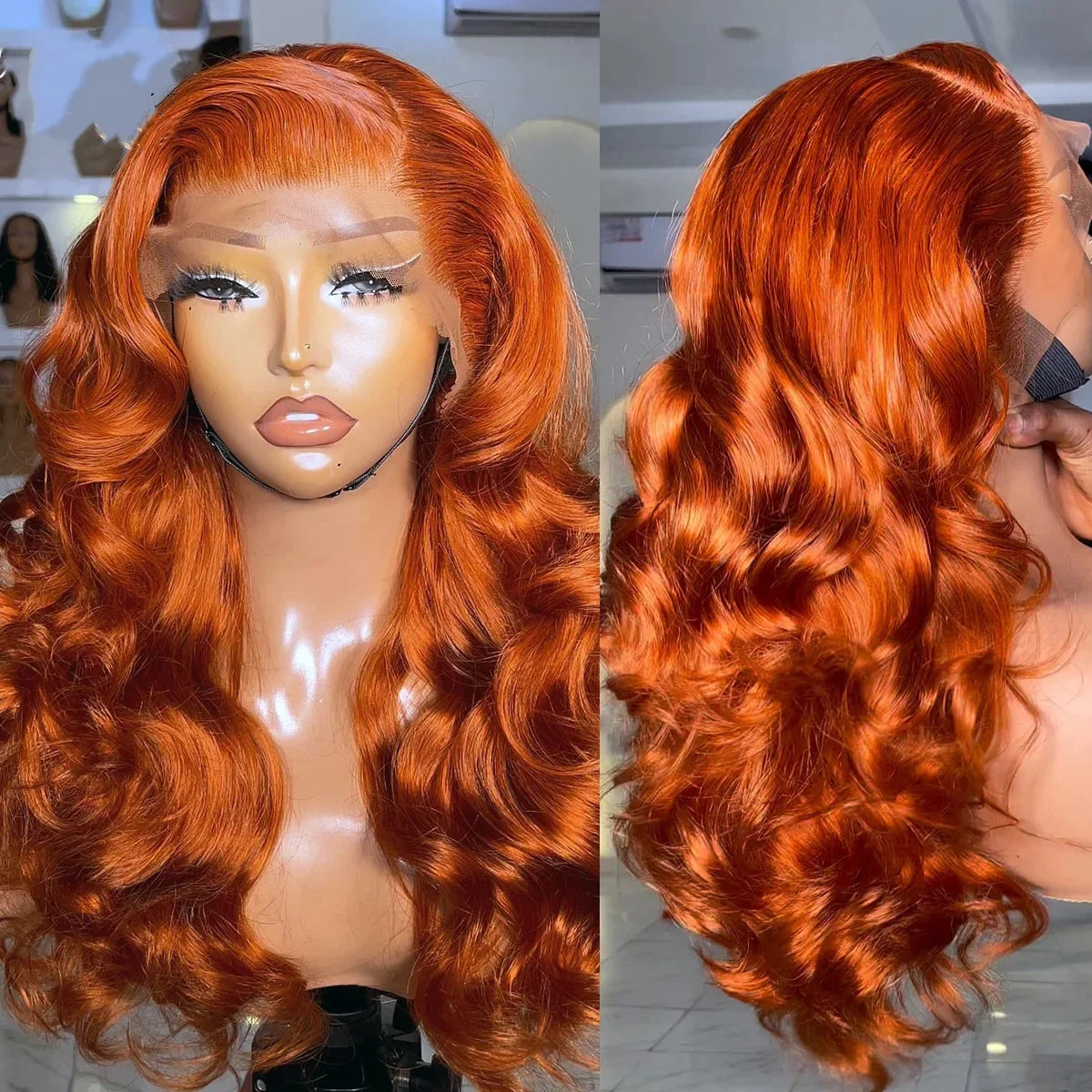 32 34 Inches 200% Ginger Orange Colored Body Wave 13x4 Transparent Lace Frontal Human Hair Wigs 200% Brazilian Pre Plucked