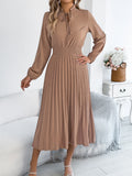 Elegant Dresses for Women 2025 Autumn Winter Casual Solid Color V Neck Lace Up Pleated Maxi Dress Red Khaki Green Woman Dresses