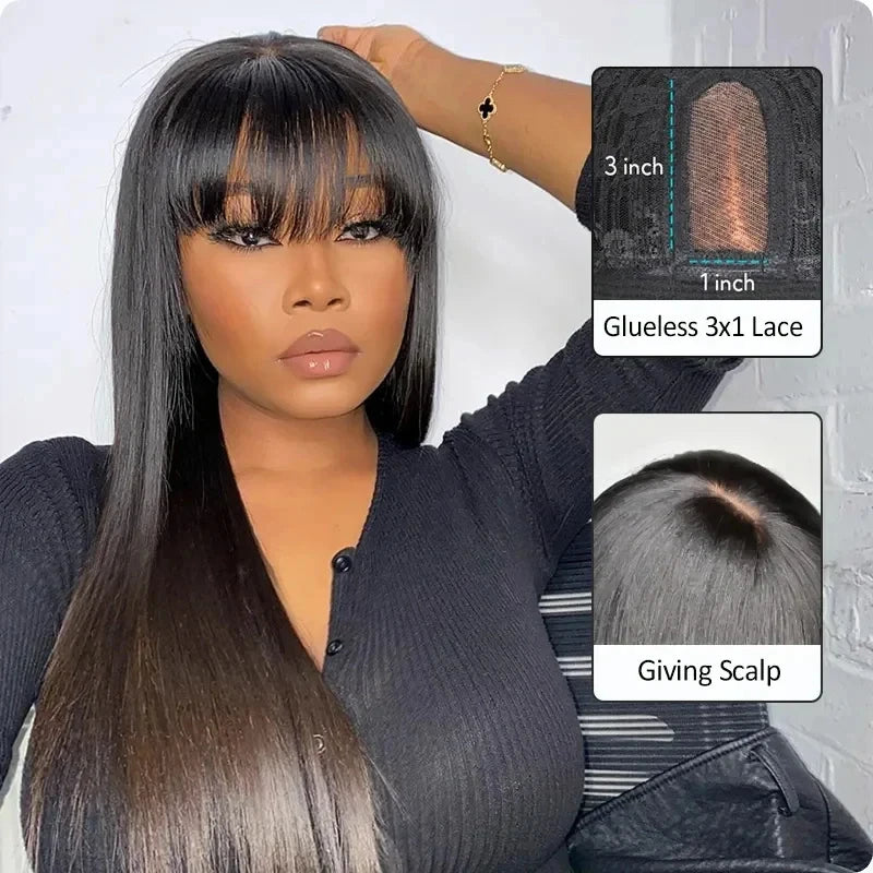 Straight Human Hair With Bangs Brazilian Glueless Wigs Human Hair Ready To Wear 30 32 Inch 3x1 Hd Lace Glueless Wig For Woman