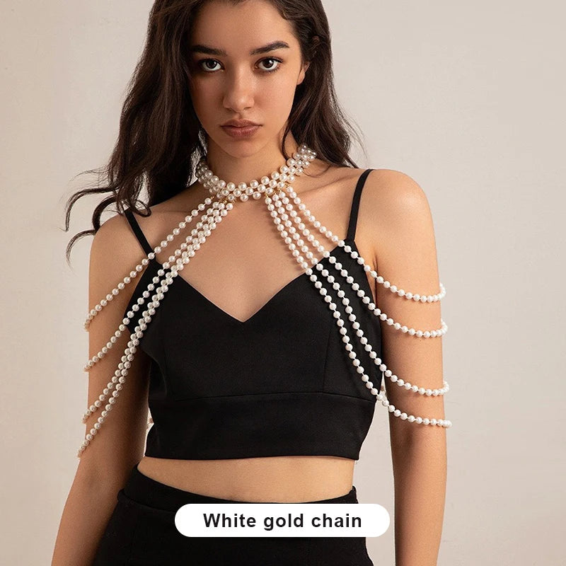 Sexy Hot Girl Body Chain Waist Chain Women's Fashion Show Imitation Pearl Shoulder Chain Bustier Chain Clothing Chain