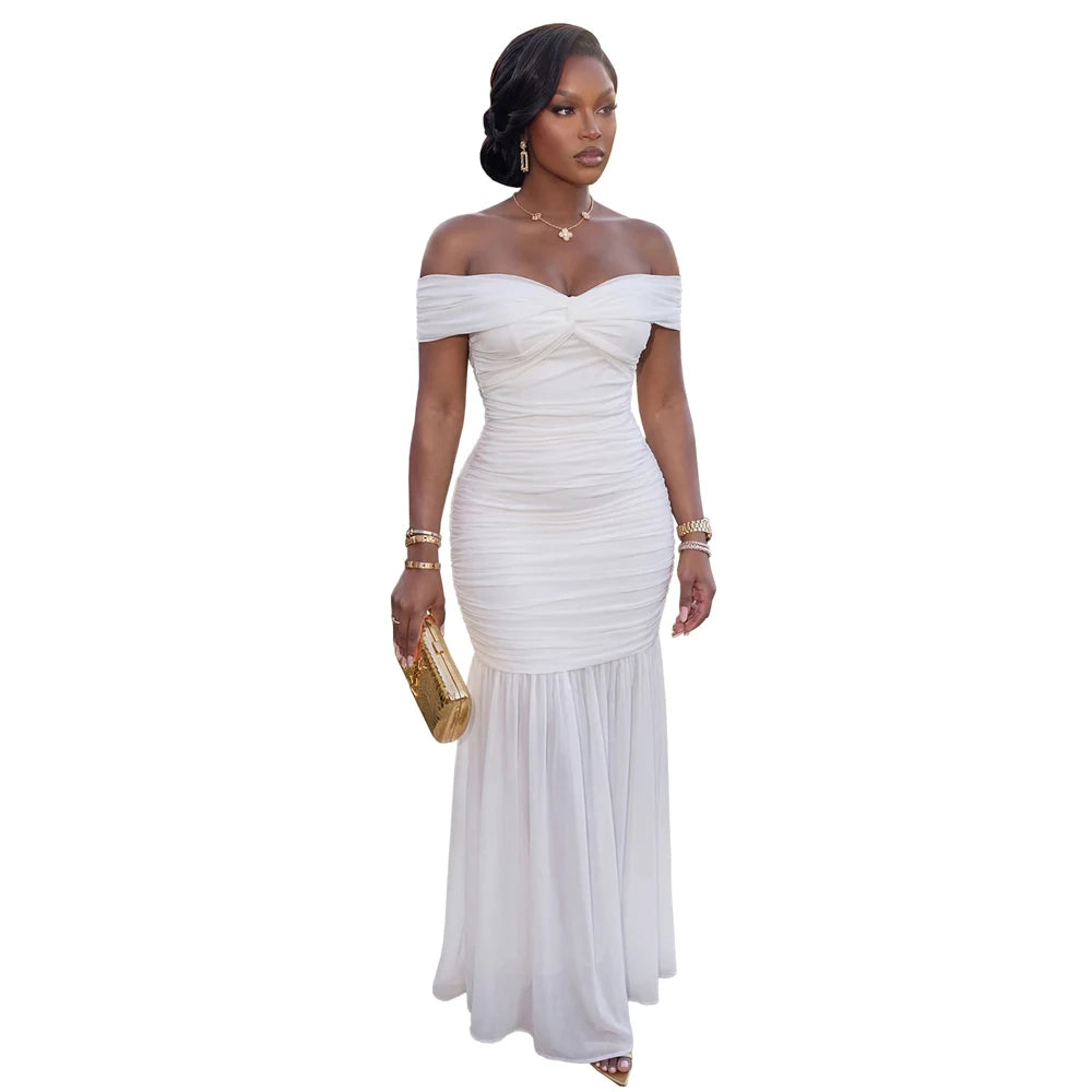Dresses for Woman 2026 Elegant Sexy Off Shoulder Ruched Cinched Waist Evening Party Mesh Maxi Long Dress Slim Fit Fishtail Gown