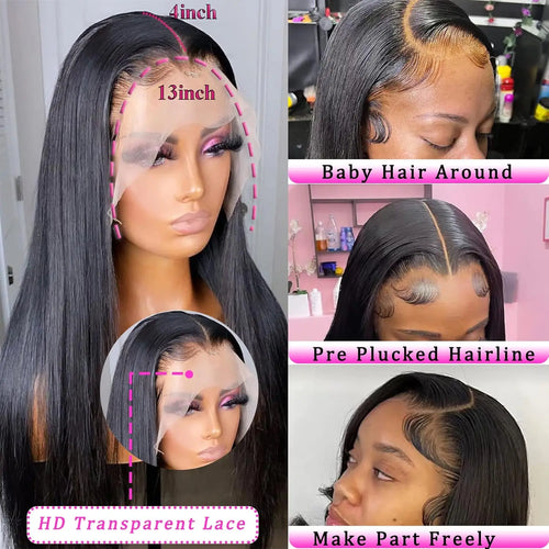 30 inch Lace Front Wig Straight Lace Frontal Wigs Pre Plucked 200% Density 13X4 Brazilian Human Hair Wig For Women Natural Black