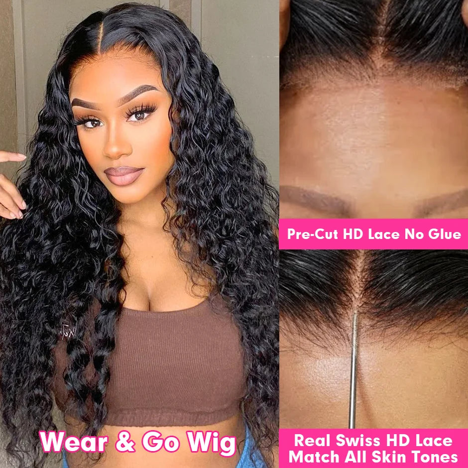Water Wave Glueless Wig Curly Lace Front Human Hair Wigs Deep Wave 13x6 HD Lace Frontal Wig Wear Go 7x5 HD Lace Closure Wig