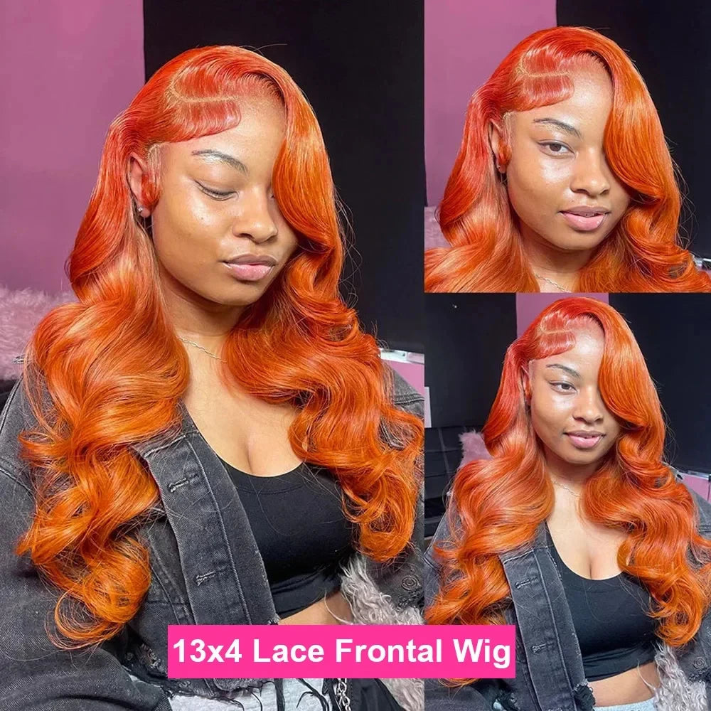 32 34 Inches 200% Ginger Orange Colored Body Wave 13x4 Transparent Lace Frontal Human Hair Wigs 200% Brazilian Pre Plucked
