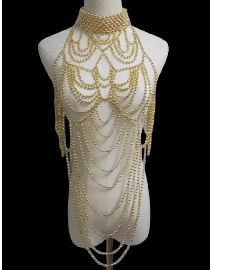 Women Body Chain Sexy Pearl Body Bra Chain Lingerie Festival Outfit Women Waist Chain Rave Festival Accessories Summer Bikin