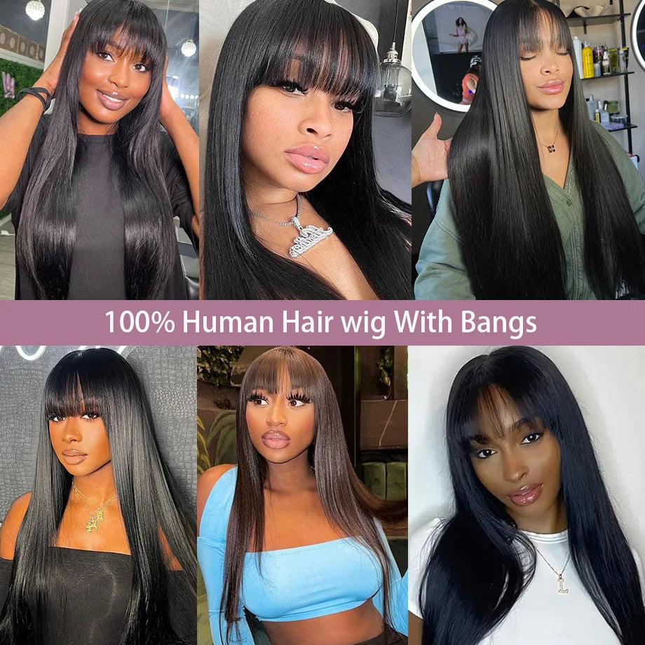 Straight Human Hair With Bangs Brazilian Glueless Wigs Human Hair Ready To Wear 30 32 Inch 3x1 Hd Lace Glueless Wig For Woman