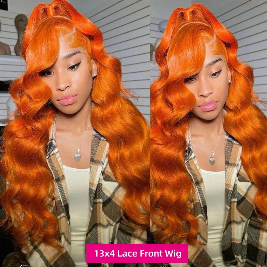 32 34 Inches 200% Ginger Orange Colored Body Wave 13x4 Transparent Lace Frontal Human Hair Wigs 200% Brazilian Pre Plucked