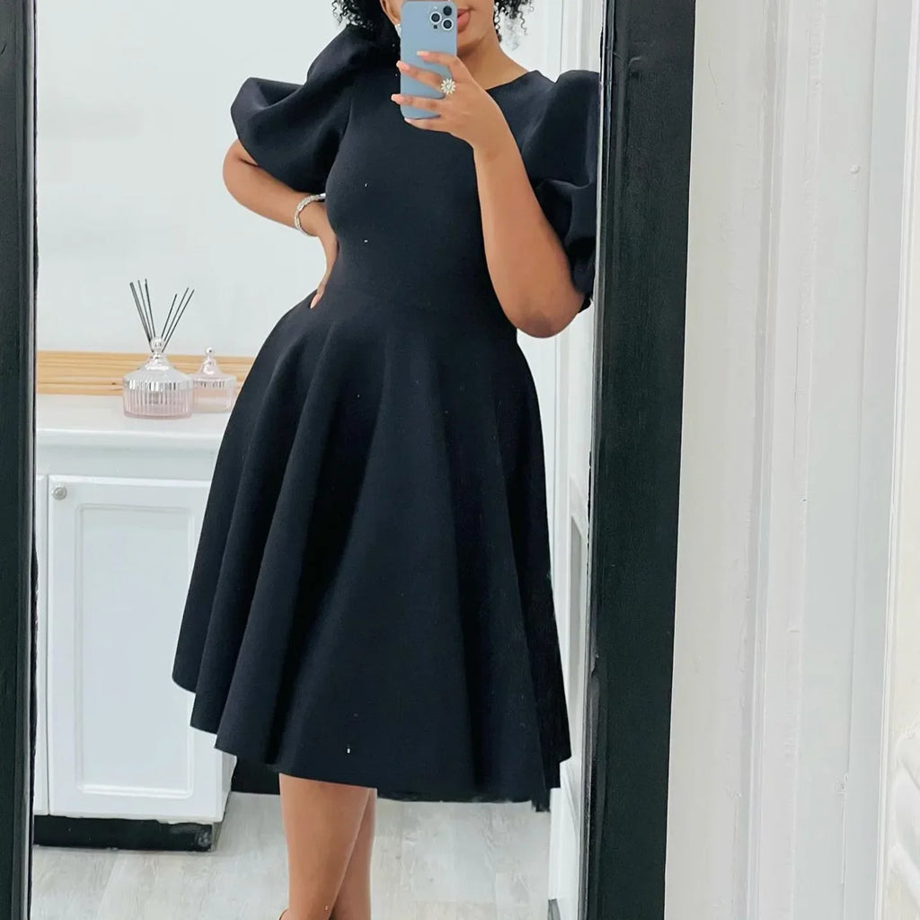 Elegant Dresses for Woman 2024 O Neck Short Sleeve High Waisted Pleated Mid Calf Luxury Female Birthday Party Dinner Vestidos