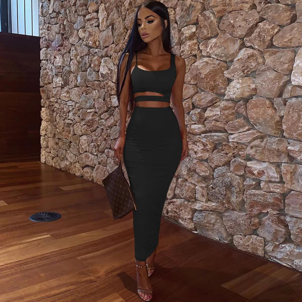Women Dress Elegant Long Dresses Party Night Dress Women Dresses Woman Female Clothing Sexy Pleated Hollowout Two-piece Dress