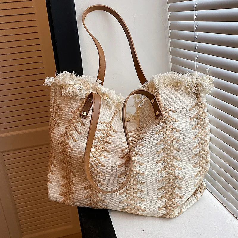 Handbag Woman Bag Design Simple Niche Travel  Beach Tote Bag Tassel Letter Embroidery Fashion Large Capacity Shoulder Bags 2022